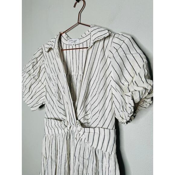 DEREK LAM COLLECTIVE White Stripe Linen Collar Knot Waist Shirt Dress Size 42 - Picture 13 of 15